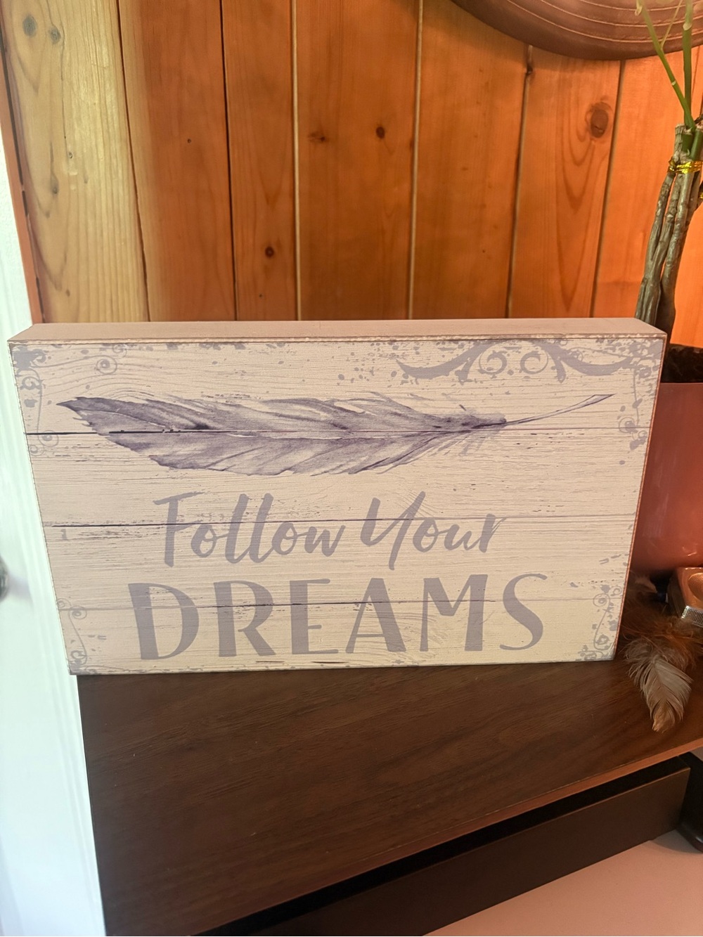 Follow Your Dreams Wooden Wall Decor Sign - Light Purple on White